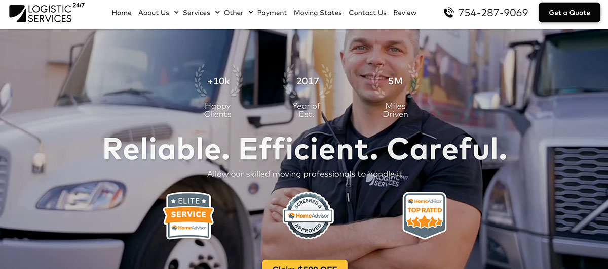 Hero banner of a smiling mover beside semi-trailers; tagline 'Reliable. Efficient. Careful.' with trust badges and stats: +10k clients, est. 2017, 5M miles driven.