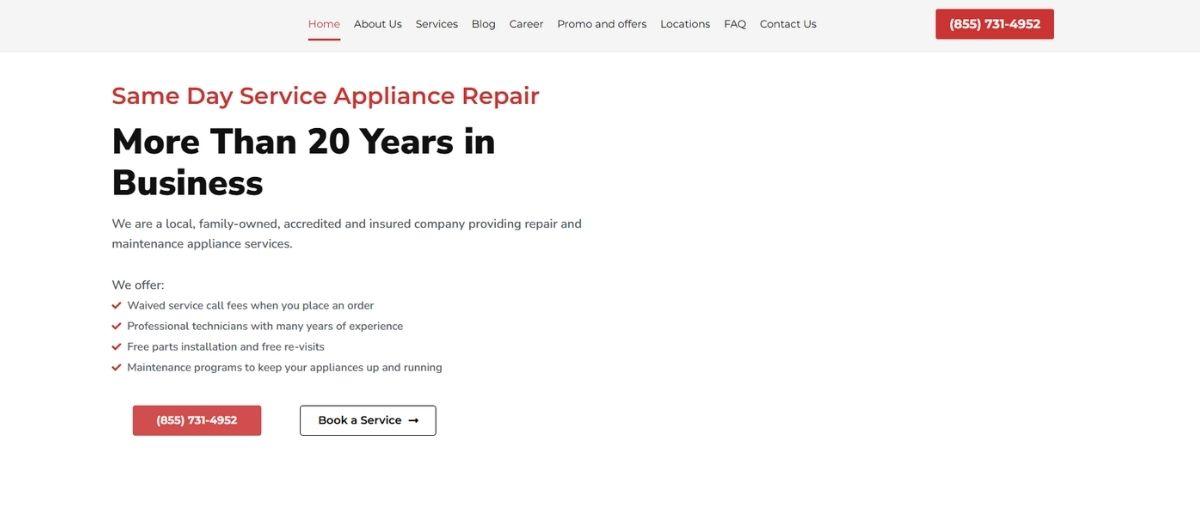 Hero section for an appliance repair company: 'More Than 20 Years in Business' with a brief description and red call-to-action buttons (phone and Book a Service).