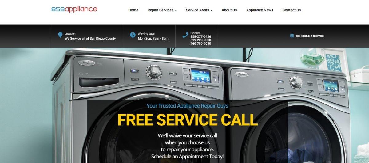 Hero banner showing industrial washing machines with a dark overlay and bold yellow text reading 'FREE SERVICE CALL' for appliance repair.