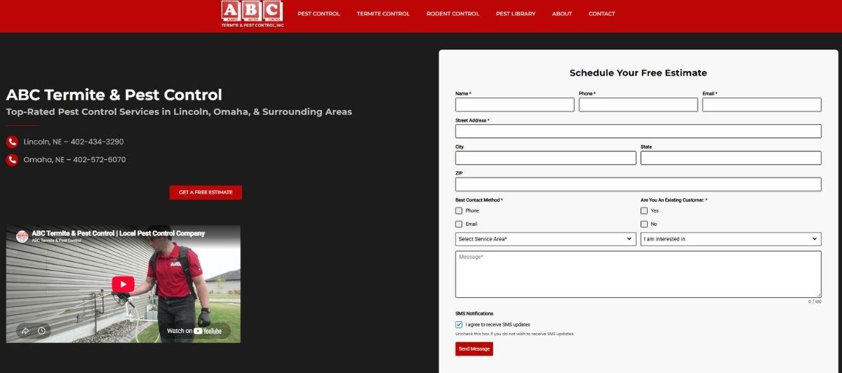 Dark homepage hero for ABC Termite & Pest Control with contact numbers and a right-side 'Schedule Your Free Estimate' form panel.