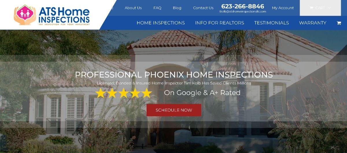 Hero banner for ATS Home Inspections: professional Phoenix home inspections with a 'Schedule Now' button and 5-star rating overlay on a residential house image.