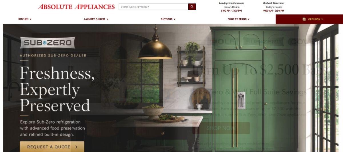 Hero banner for Absolute Appliances showing a green Sub-Zero refrigerator in a modern kitchen, with the headline 'Freshness, Expertly Preserved' and a 'Request a Quote' CTA.