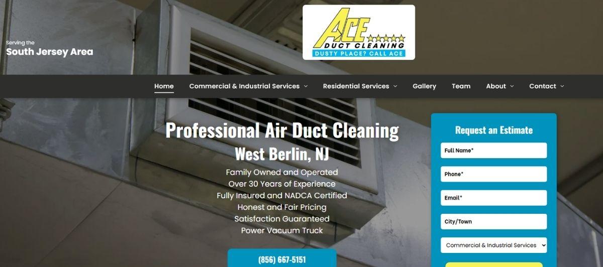 Hero section for Ace Duct Cleaning: ductwork background with logo, navigation bar, and a blue 'Request an Estimate' form beside bold service headline in West Berlin, NJ.