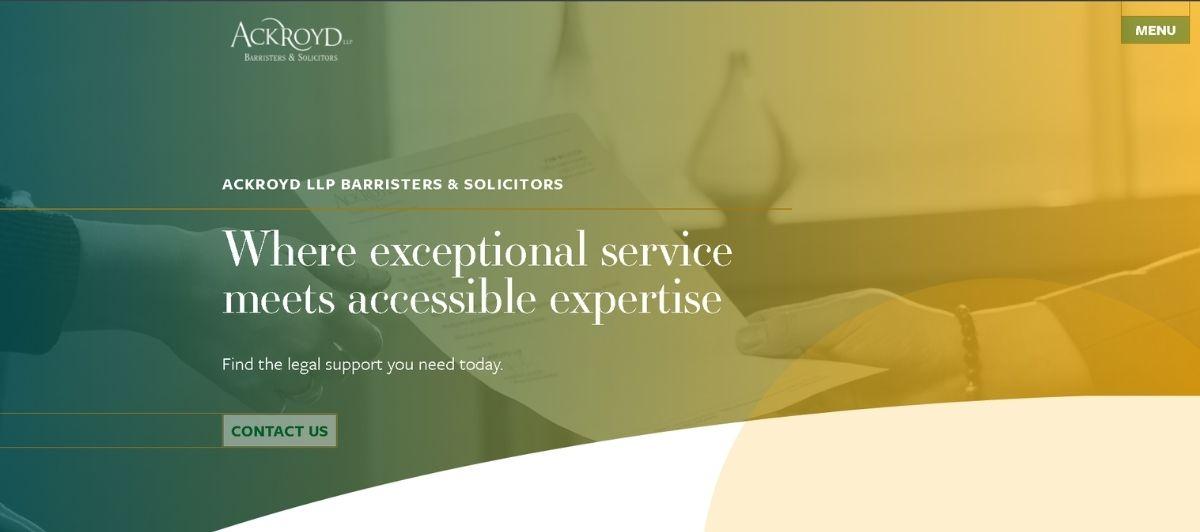 Hero banner for Ackroyd LLP lawyers with a green-to-gold gradient, showing hands and documents, featuring the tagline “Where exceptional service meets accessible expertise” and a Contact Us button.