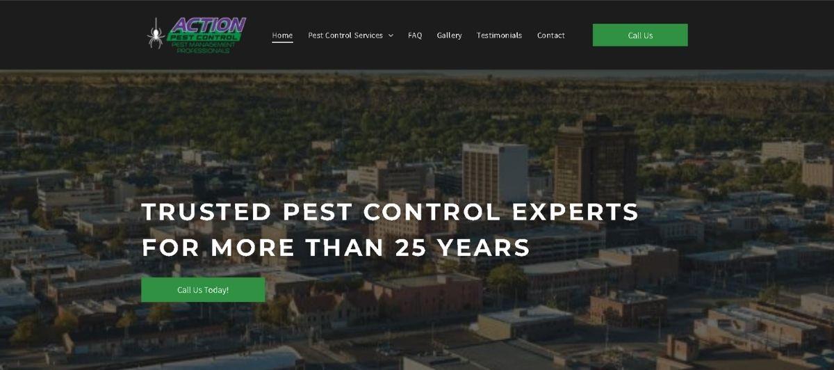 Hero banner for pest control company with city skyline background, bold headline about 25+ years' experience, and a green 'Call Us Today!' button behind the text.