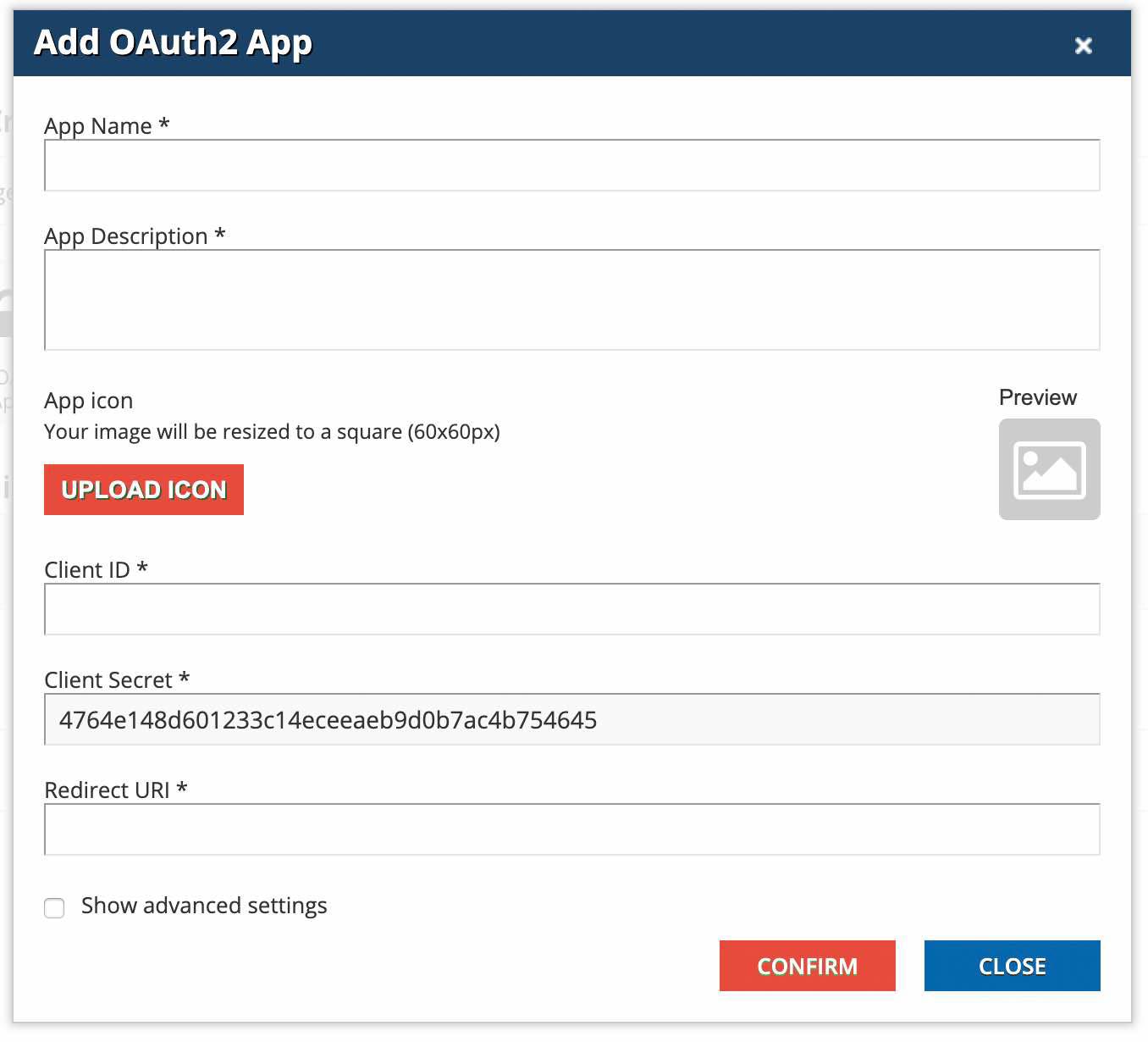 Add OAuth2 App popup