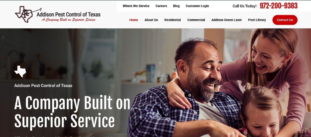 Hero banner featuring a smiling family on a couch with the Addison Pest Control of Texas logo and the slogan 'A Company Built on Superior Service' in the header.