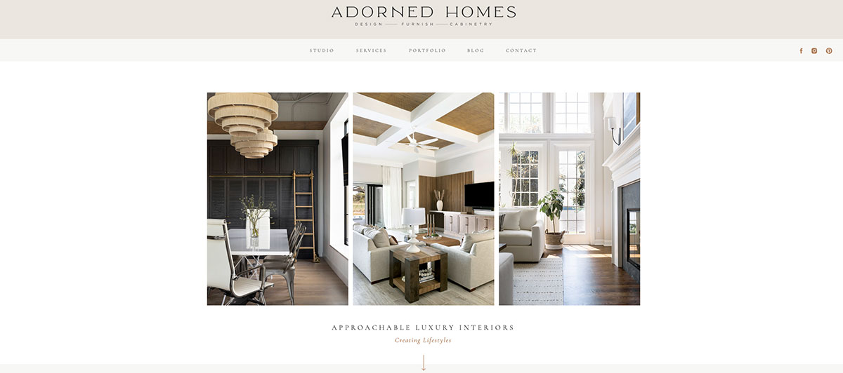 Triptych of modern interior spaces: dining area, living room, and bright foyer in neutral tones (Adorned Homes portfolio).","Three interior design photos showing luxury, neutral-toned living spaces: dining area, lounge, and sunlit living room.","Portfolio gallery featuring approachable luxury interiors: dining area, seating lounge, and bright foyer.","Living spaces showcased: dining nook, cozy living room, and sunlit entry with white walls and wood accents.","Adorned Homes portfolio banner: three luxury interior images (dining, living room, and family room).
