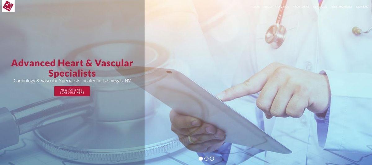 Doctor in a white coat using a tablet, stethoscope visible; hero for Advanced Heart & Vascular Specialists.