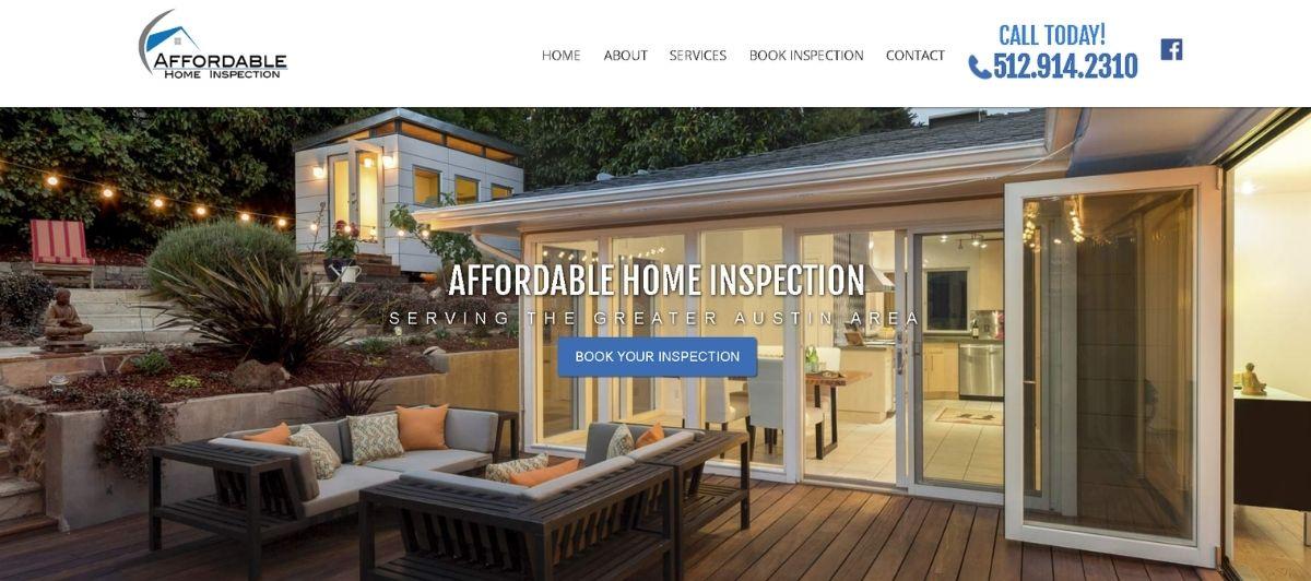 Outdoor living area of a modern home with glass sliding doors; overlay text reads 'Affordable Home Inspection' on a hero banner.