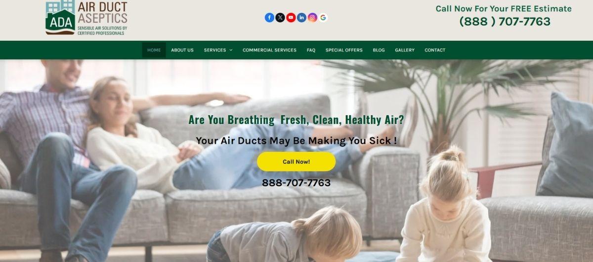Family sitting and playing in a bright living room; hero image for an air duct cleaning service website promoting fresh indoor air.