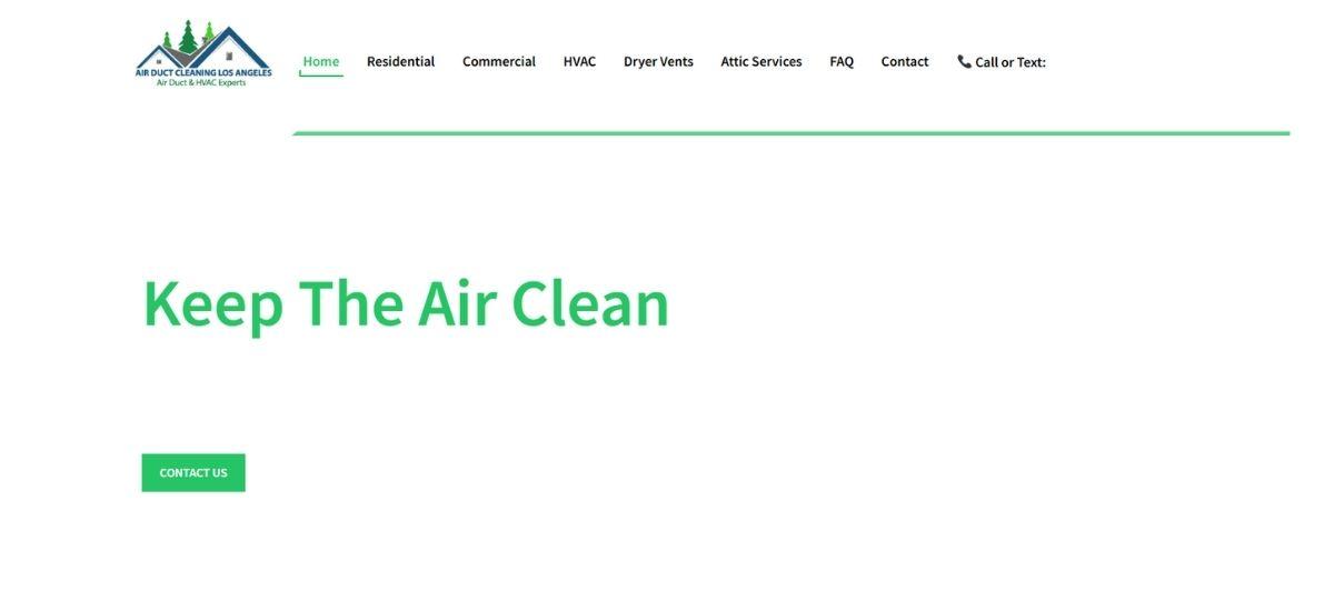 Hero banner with company logo and navigation, featuring a large green headline 'Keep The Air Clean' and a green 'CONTACT US' button.