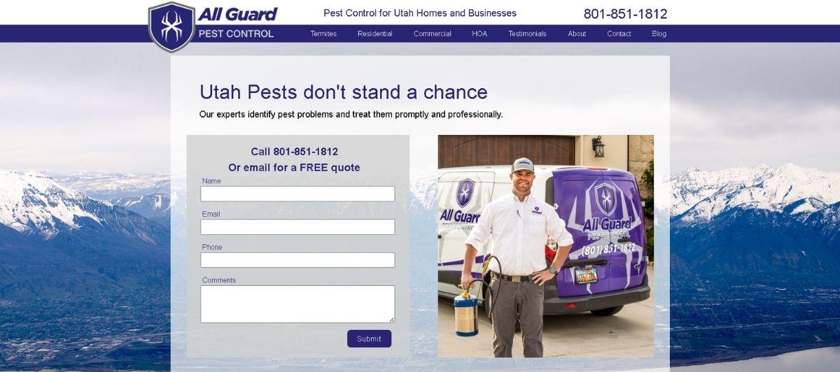 Hero section for All Guard Pest Control Utah: mountain background, left contact form, right technician with company van.