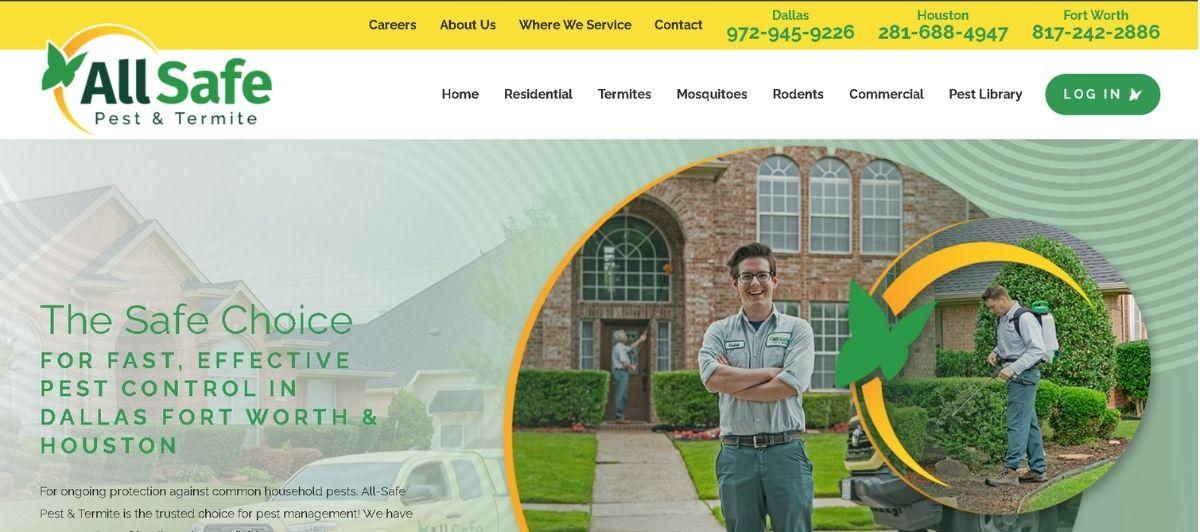 AllSafe pest control hero banner: a technician stands in front of a house with a circular logo, promoting fast, effective pest control in Dallas–Fort Worth & Houston.