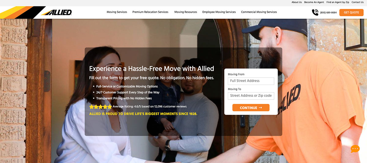Hero banner for Allied Moving: movers at a doorway with a dark translucent form overlay inviting a free quote and next-step fields on the right.