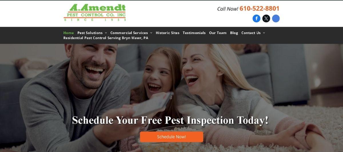 Smiling family on a living room rug with a pest control banner: 'Schedule Your Free Pest Inspection Today!' and an orange Schedule Now button.
