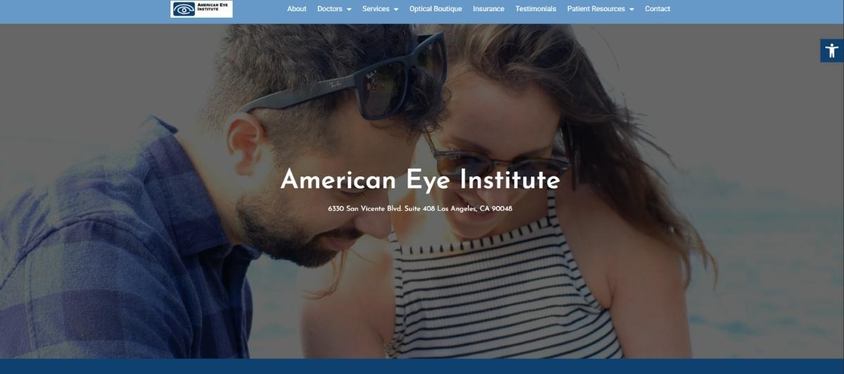 Hero banner with a man and woman in sunglasses at the beach, overlaid by 'American Eye Institute' and the address text.