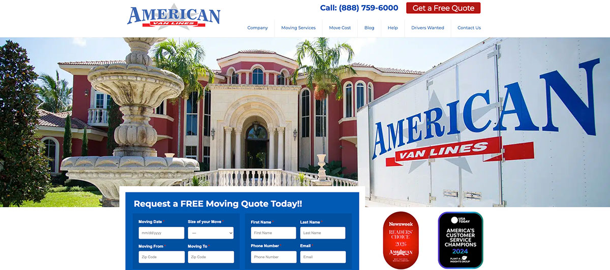 Moving company storefront scene with a large luxury house and an American Van Lines truck in the foreground; blue quote form partially visible in front.