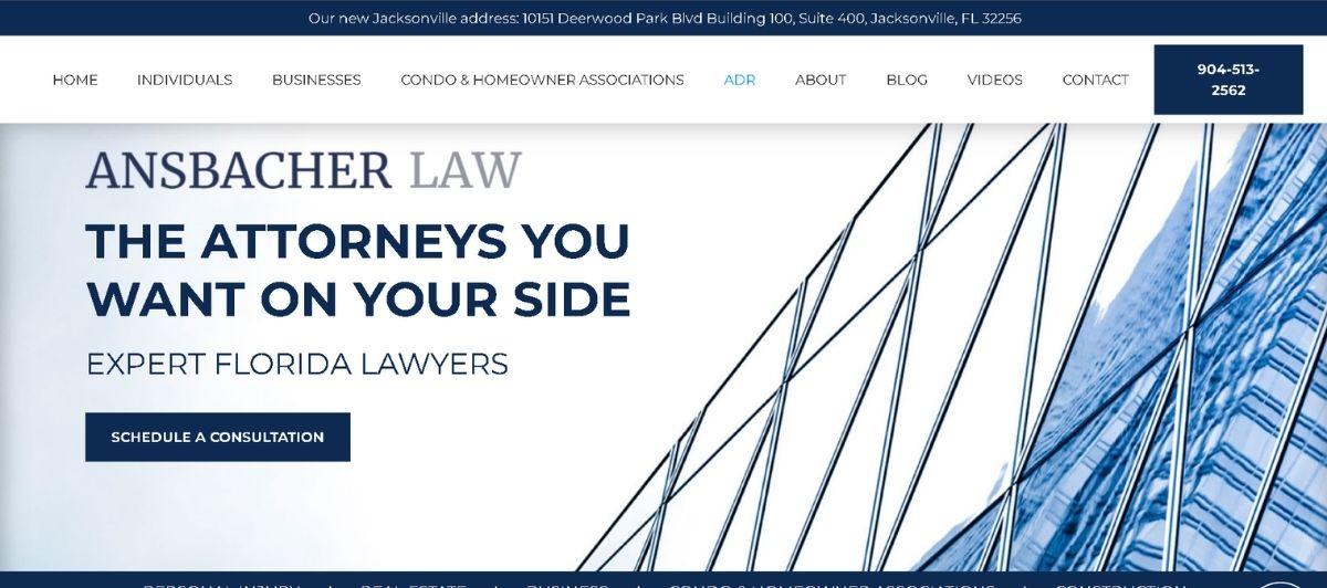 Hero banner for Ansbacher Law: bold headline 'The Attorneys You Want on Your Side' with 'Expert Florida Lawyers' and a 'Schedule a Consultation' button, set against abstract glass-building imagery.