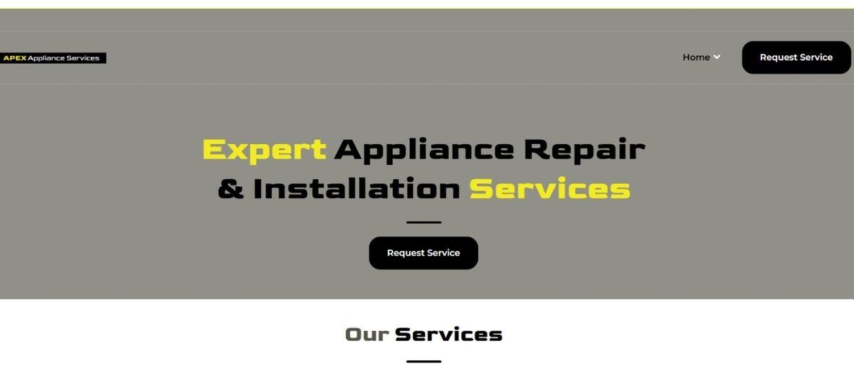 Hero banner advertising Expert Appliance Repair & Installation Services with a 'Request Service' CTA button on a gray background; navigation bar is visible above.