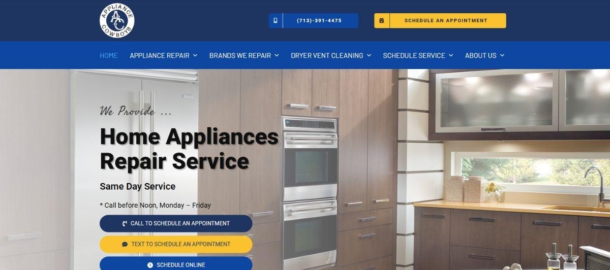Hero banner for Home Appliances Repair Service showing a modern kitchen with stainless steel oven, promoting same-day service and schedule options.
