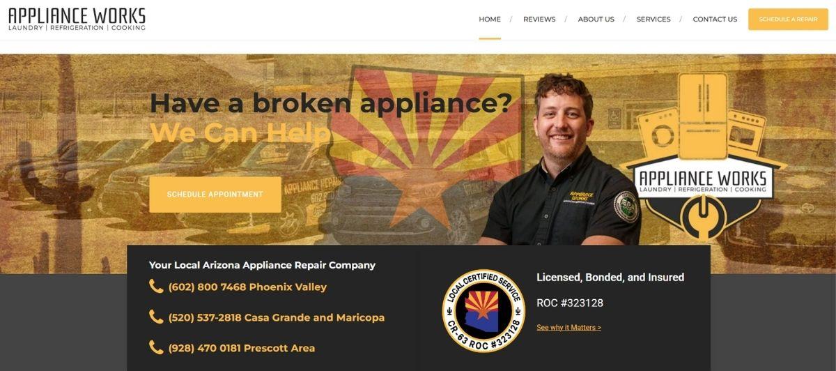 Hero header for Appliance Works: repair technician beside the logo with the text 'Have a broken appliance? We Can Help' and a 'Schedule Appointment' button in orange.