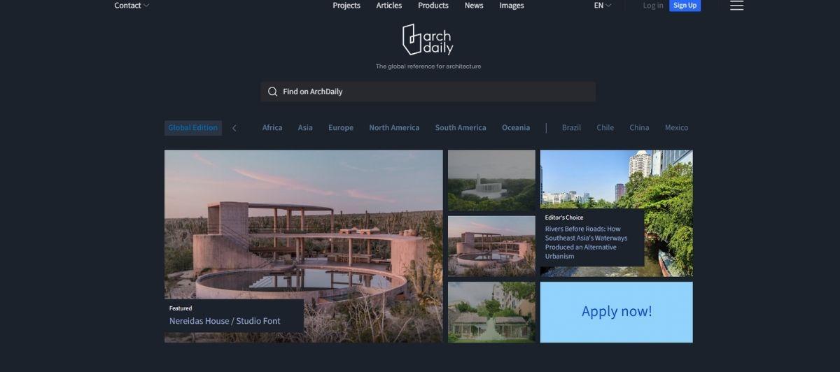 ArchDaily homepage hero grid on a dark header, showing a large featured photo of a modern building with a caption banner reading 'Nereidas House / Studio Font' and several smaller thumbnails beside it.