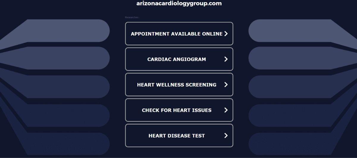 Arizona Cardiology Group navigation: a vertical column of five rounded dark blue buttons with white text listing Appointment Available Online, Cardiac Angiogram, Heart Wellness Screening, Check for Heart Issues, Heart Disease Test on a dark navy background with side decorative shapes.
