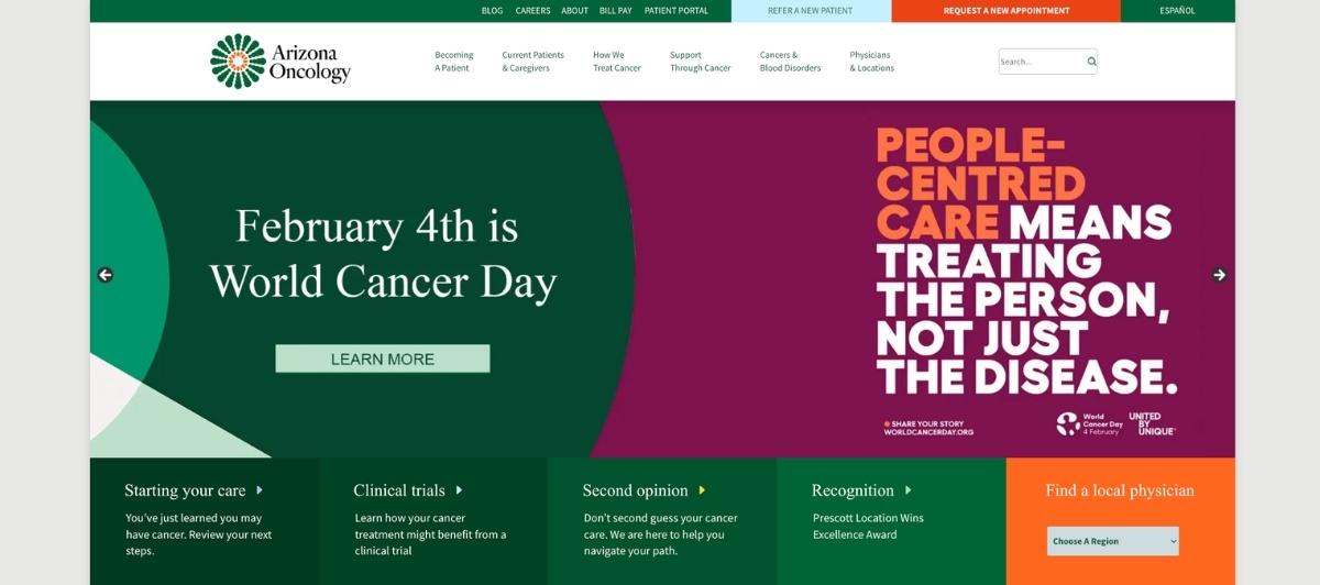 Arizona Oncology homepage hero announcing World Cancer Day on February 4th with a 'People-centred care means treating the person, not just the disease' message.