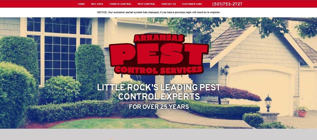 Residential suburban home with bold Arkansas Pest Control Services logo overlay and headline about 25 years of service, on a front yard scene.