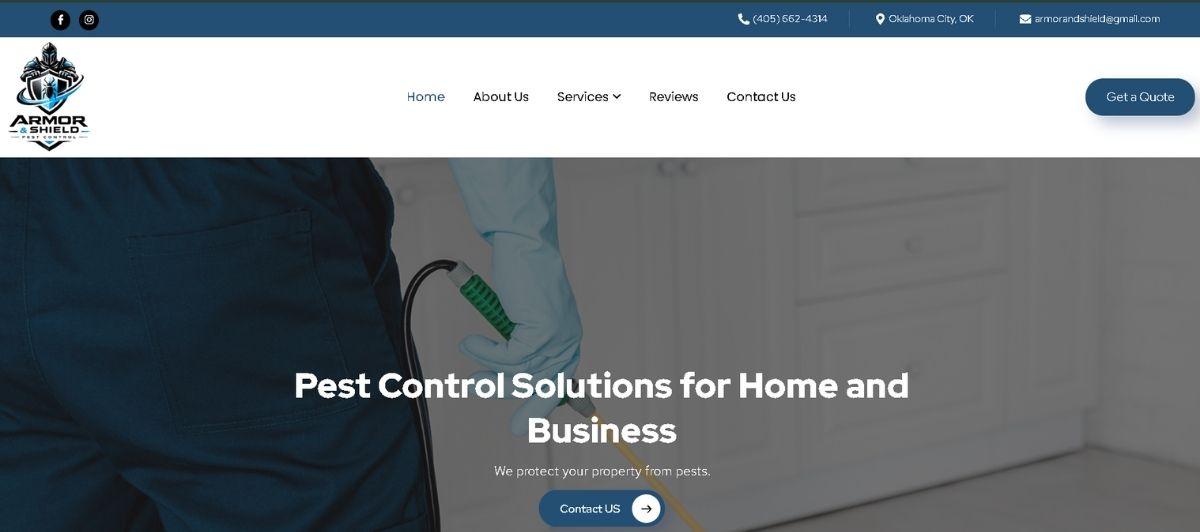 Pest control technician in a blue uniform holding a sprayer in a home kitchen, with the hero headline 'Pest Control Solutions for Home and Business'.