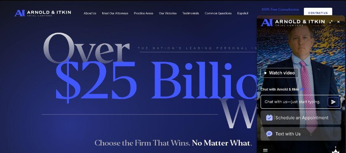 Hero banner for Arnold & Itkin with bold 'Over Billion' in blue on a dark blue gradient; top navigation and a floating chat widget on the right.