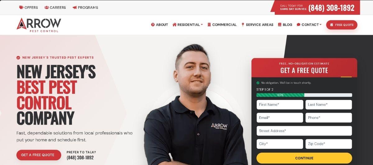 Hero banner for Arrow Pest Control: a technician in a dark polo stands beside a red 'Get a free quote' form; large headline reads 'New Jersey's Best Pest Control Company'.