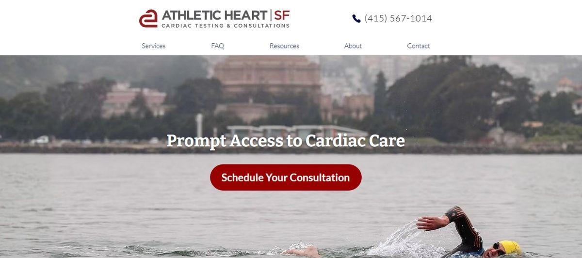 Hero banner with a swimmer in water and city backdrop; headline 'Prompt Access to Cardiac Care' and red 'Schedule Your Consultation' button.