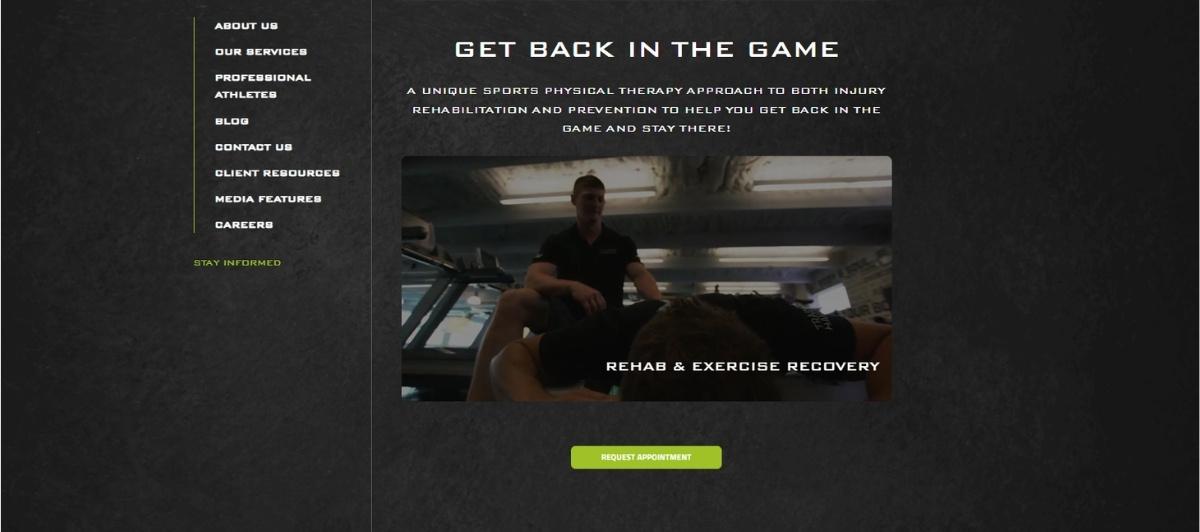 Sports therapy homepage hero: 'Get back in the game' with a therapist supervising a rehab session; green 'Request Appointment' button beneath.