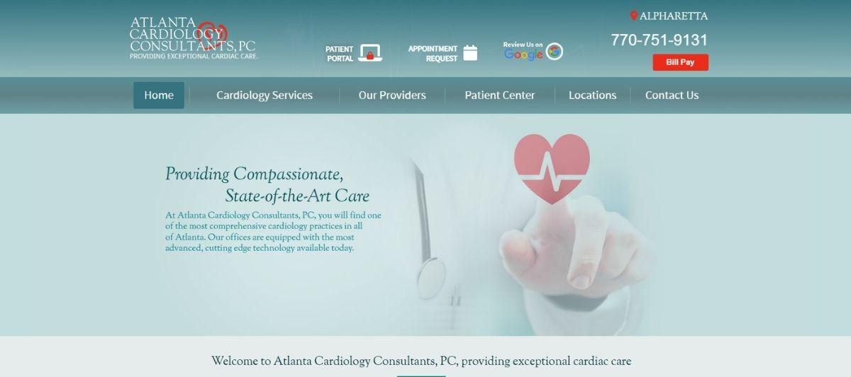 Hero header for Atlanta Cardiology Consultants: a hand pointing to a pink heart with a heartbeat line on a blue gradient background, implying compassionate cardiac care.