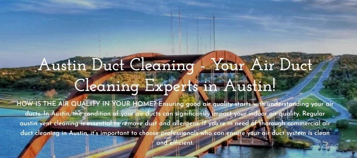 Hero banner for Austin Duct Cleaning with a reddish arch bridge over water and white overlay text: 'Austin Duct Cleaning - Your Air Duct Cleaning Experts in Austin!' indicating a marketing header for air duct cleaning services in Austin.