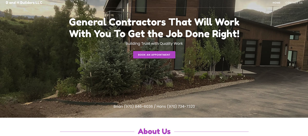Hero banner showing the exterior of a modern house with landscaped foreground; bold white headline about general contractors and a purple 'Book an appointment' button.