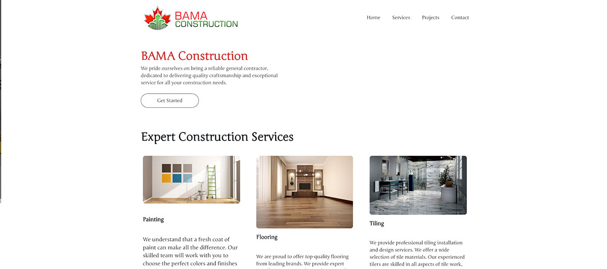 BAMA Construction homepage header with the logo, navigation links, and a Get Started call-to-action button.