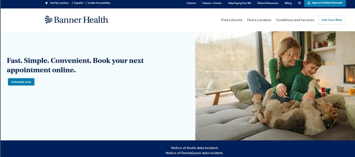 Banner Health hero: left text promotes online, convenient appointments; right shows a mother and child with a dog on a sofa by a fireplace in a cozy home setting.