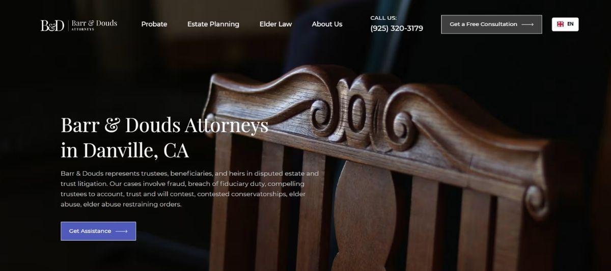 Hero image: carved wooden courtroom bench in dim light with overlaid text 'Barr & Dodds Attorneys in Danville, CA'