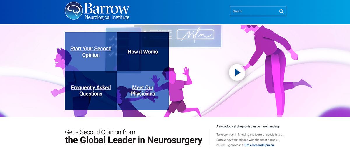 Barrow Neurological Institute hero banner with cyan header and blue logo, featuring tile buttons for Second Opinion topics: How it Works, FAQs, Meet Our Physicians, Start Your Second Opinion, plus a circular play button in a purple-abstract background.
