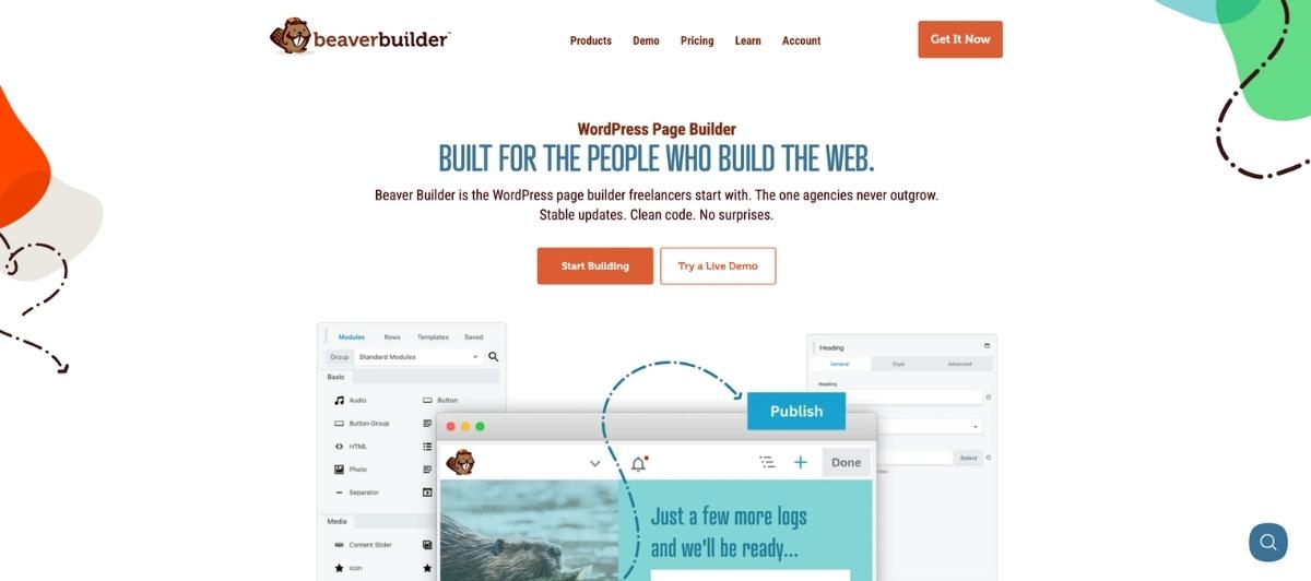 Beaver Builder homepage hero with logo, headline 'Built for the people who build the web' and orange 'Start Building' button.