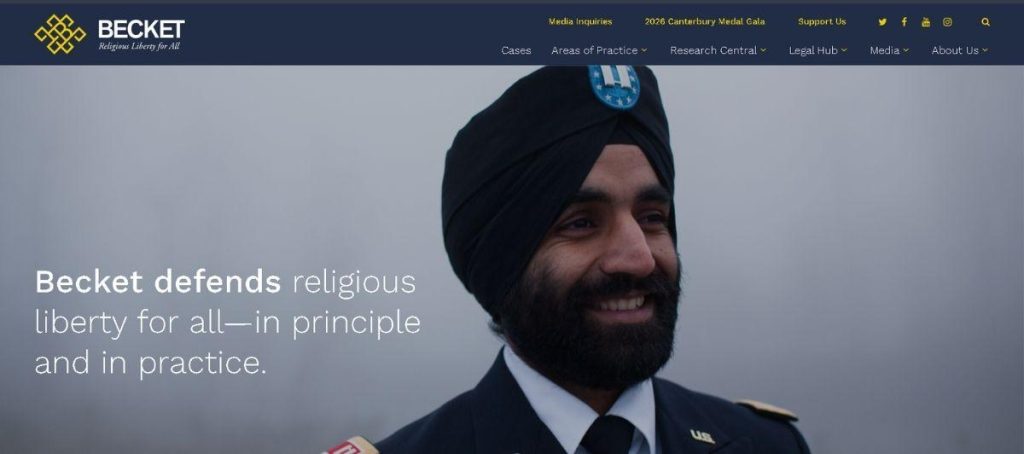 Smiling man wearing a dark turban and military-style uniform on a Becket homepage hero image.