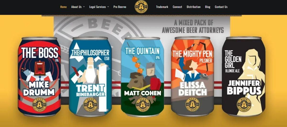 Five colorful beer cans in a row with bold names: The Boss, The Philosopher, The Quintain, The Mighty Pen, and The Golden Girl, on a yellow background.