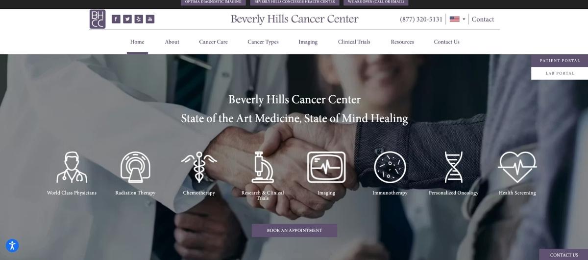 Handshake between medical professionals over a blurred clinical backdrop with patient-care icons representing services like radiation, chemo, imaging, and immunotherapy overlaid.