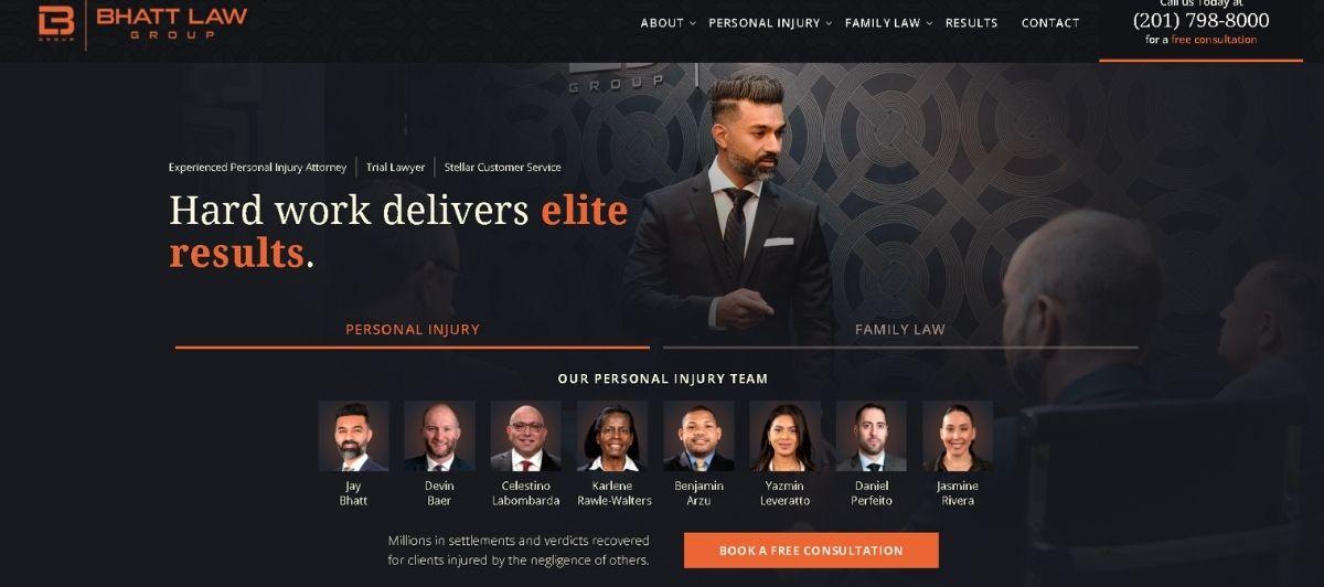Hero banner for Bhatt Law Group with a suited man, bold headline 'Hard work delivers elite results', and row of team headshots below.