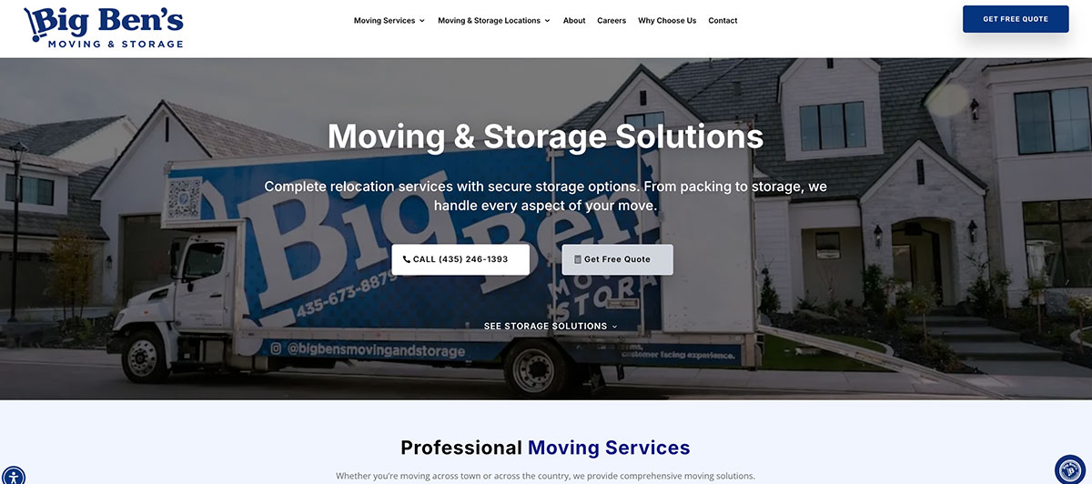 Moving truck with Big Ben’s Moving & Storage logo parked on a suburban street; conveys a professional moving service hero image.
