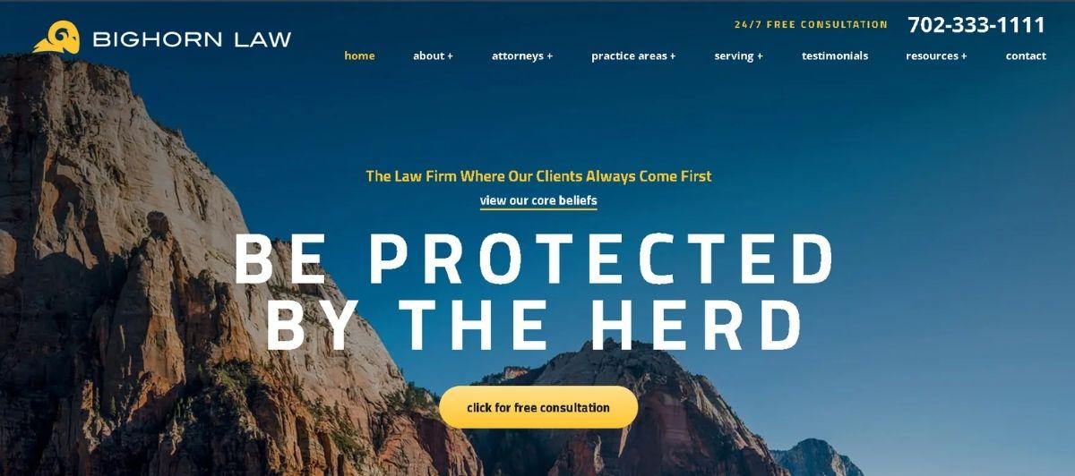 Hero banner for BIGHORN LAW with rocky mountain backdrop, bold white text 'BE PROTECTED BY THE HERD' and a yellow rounded 'click for free consultation' button.