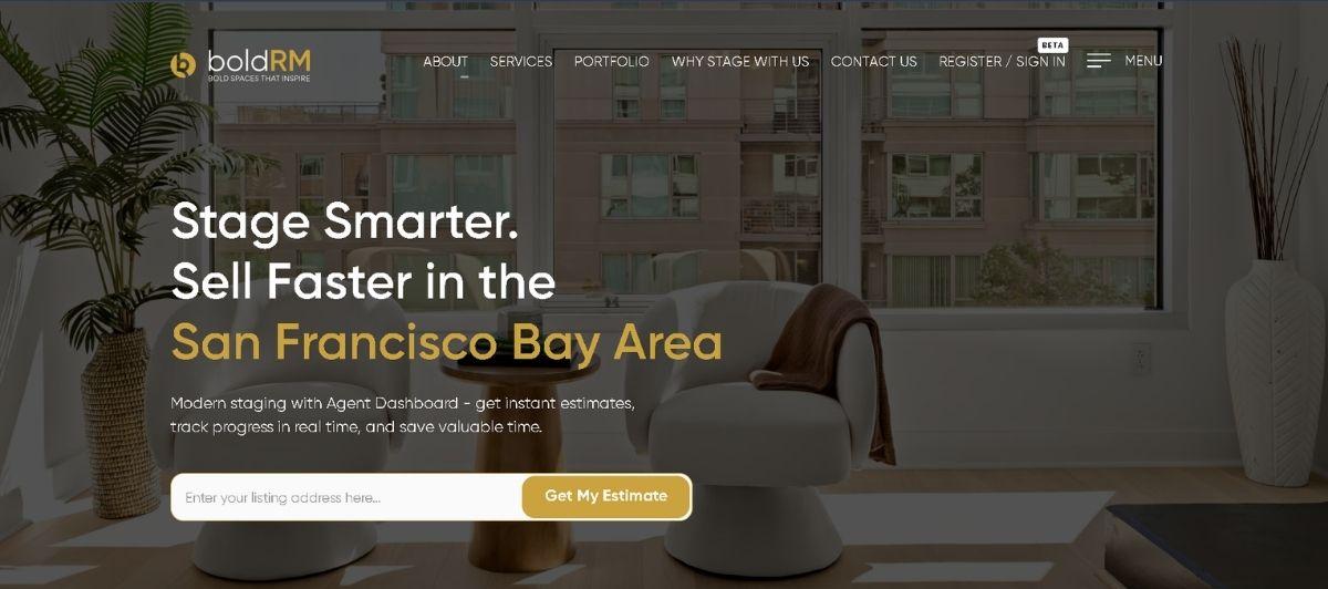 Hero image of a modern living room with large windows and plants, promoting staging services for the SF Bay Area (Stage Smarter, Sell Faster).